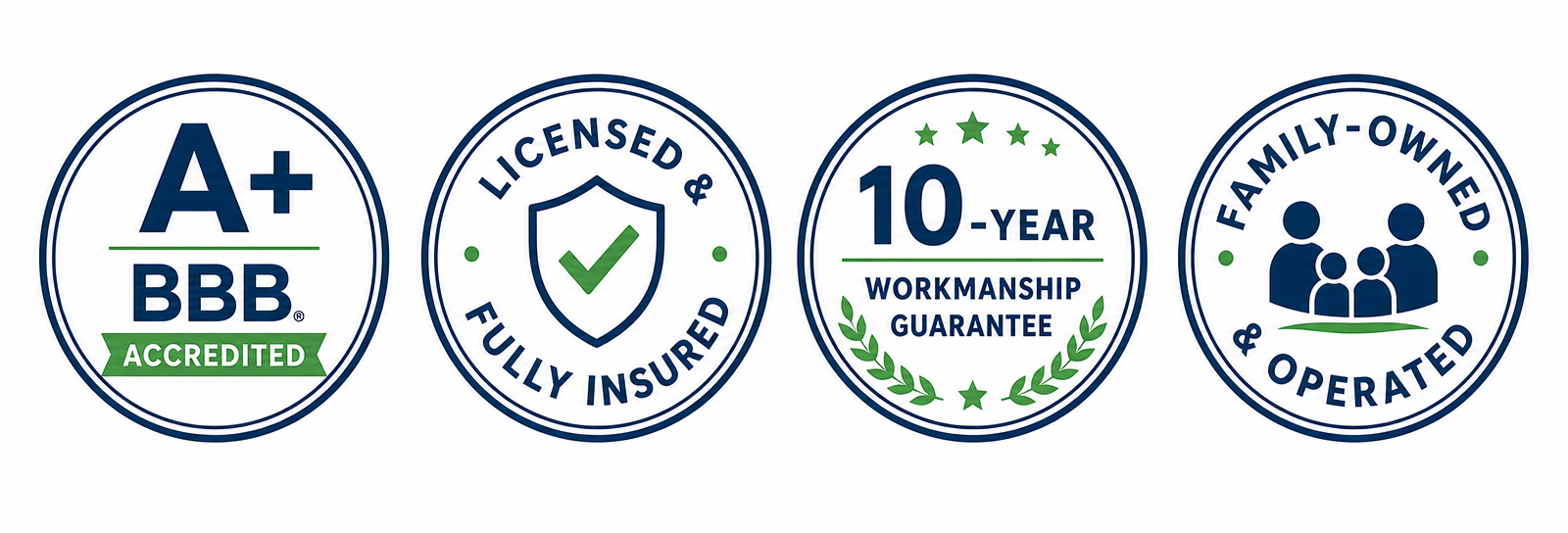 A+ BBB Accredited, Licensed & Fully Insured, 10-Year Workmanship Guarantee, Family-Owned & Operated